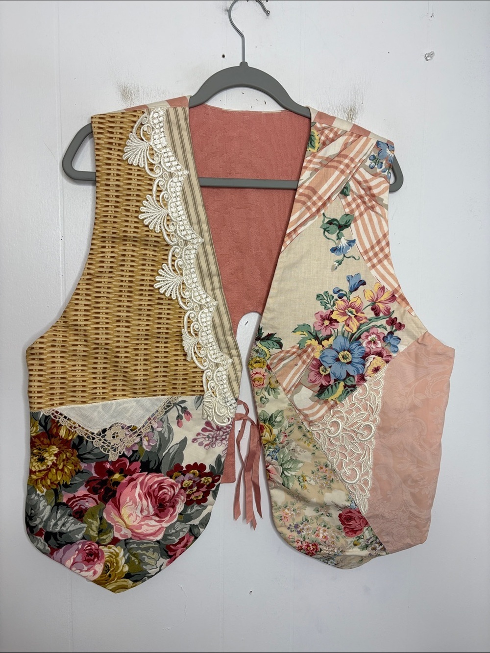Patchwork Vest Floral Boho Granny Cottagecore Soft Eclectic Tie Back Crochet